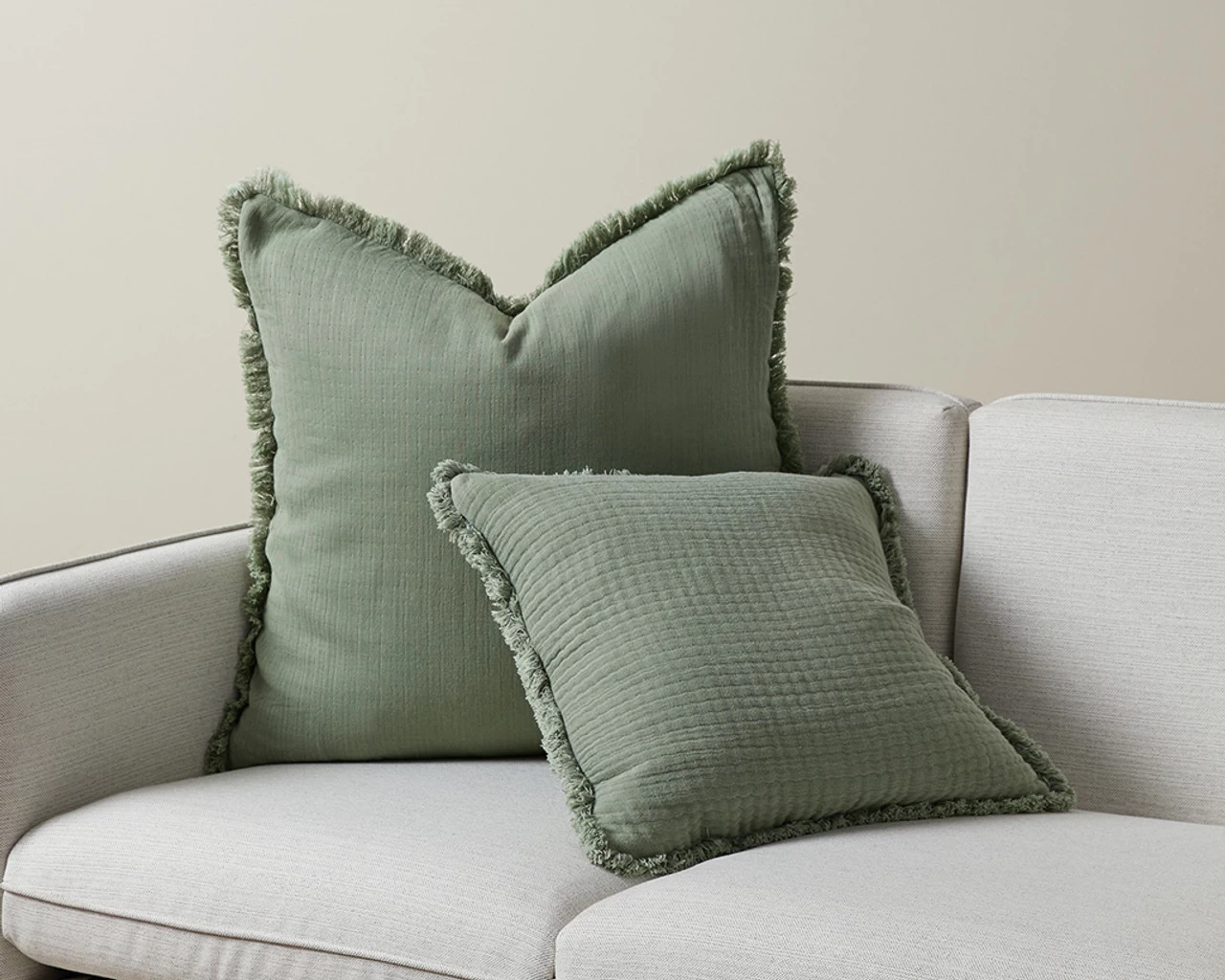 Molly Fringed Cotton Euro Cushion - Khaki Green - Image 3
