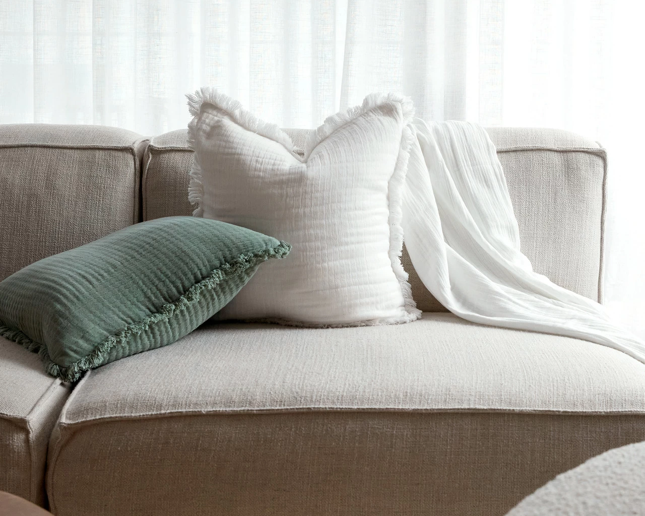 Molly Fringed Cotton Euro Cushion - Khaki Green - Image 4