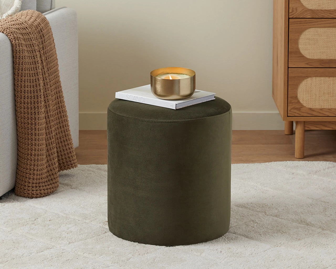 Velvet Ottoman - Small - Olive Green